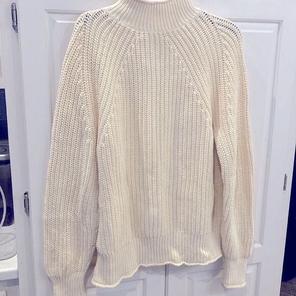 J. Crew 100% cotton ivory chunky knit rolled mock neck fisherman sweater - Picture 8 of 10